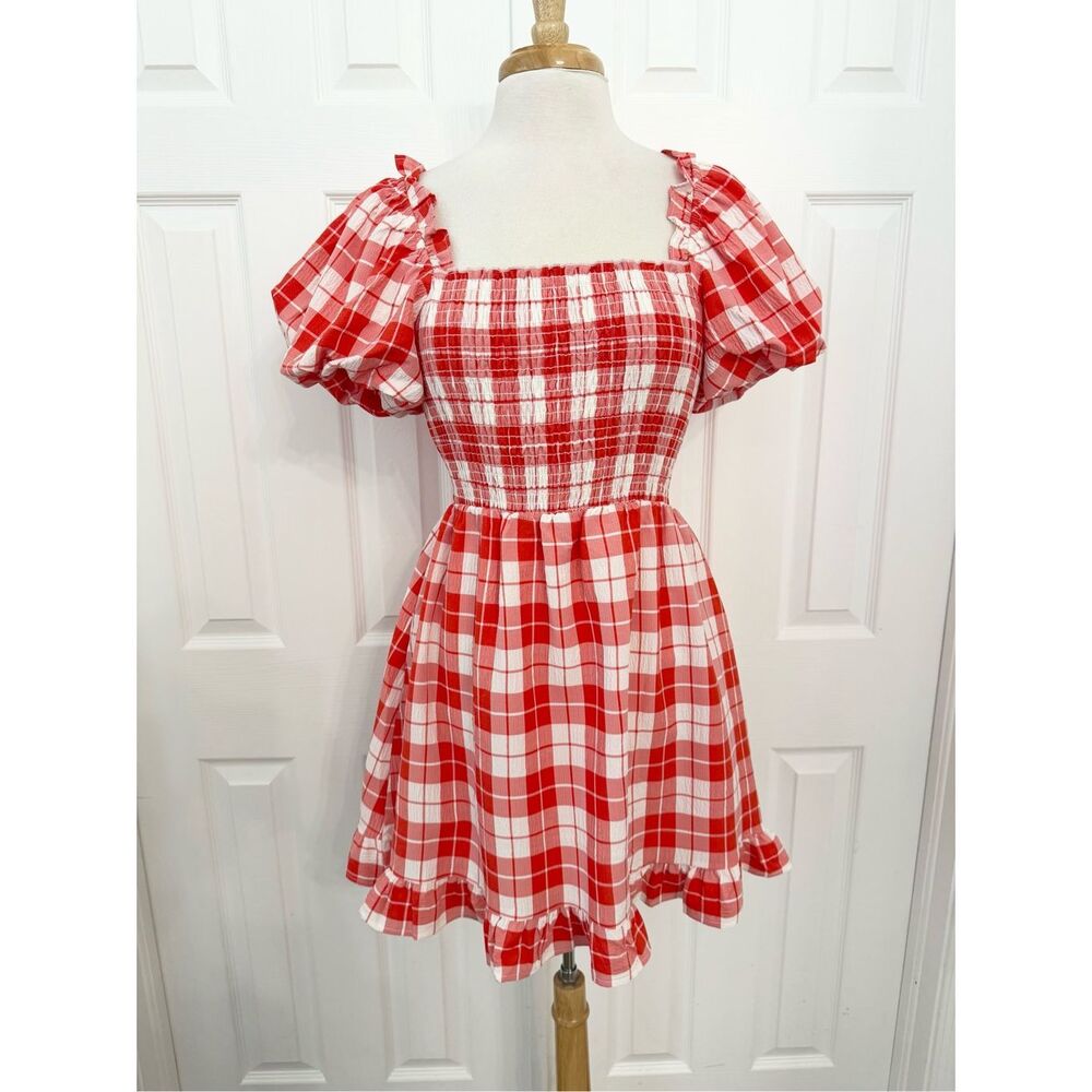 Red Plaid Puff-Sleeve Smocked Mini Dress